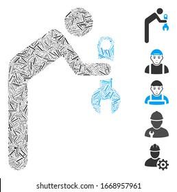 Hatch Mosaic based on serviceman icon. Mosaic vector serviceman is designed with scattered hatch dots. Bonus icons are added.