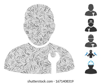 Hatch Mosaic based on serviceman icon. Mosaic vector serviceman is created with scattered hatch spots. Bonus icons are added.