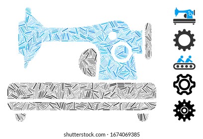 Hatch Mosaic based on sewing machine icon. Mosaic vector sewing machine is formed with randomized hatch elements. Bonus icons are added.