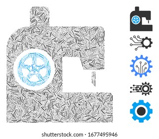 Hatch Mosaic based on sewing machine icon. Mosaic vector sewing machine is composed with random hatch elements. Bonus icons are added.