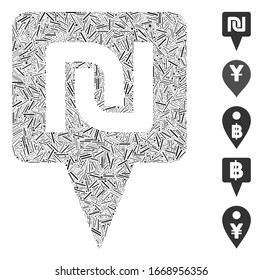 Hatch Mosaic based on shekel map pointer icon. Mosaic vector shekel map pointer is formed with scattered line dots. Bonus icons are added.