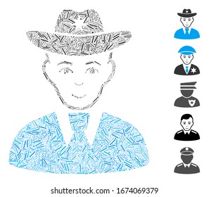 Hatch Mosaic based on sheriff icon. Mosaic vector sheriff is formed with scattered hatch items. Bonus icons are added.