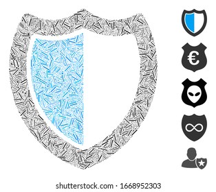 Hatch Mosaic based on shield icon. Mosaic vector shield is composed with randomized hatch spots. Bonus icons are added.