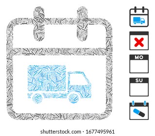 Hatch Mosaic based on shipping day icon. Mosaic vector shipping day is formed with random hatch spots. Bonus icons are added.