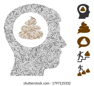 Hatch Mosaic based on shit idea head icon. Mosaic vector shit idea head is designed with random hatch dots. Bonus icons are added.