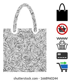 Hatch Mosaic based on shopping bag icon. Mosaic vector shopping bag is designed with scattered line elements. Bonus icons are added.