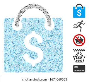 Mosaico de escotilla basado en el icono de la bolsa de compra. La bolsa de compras vectorial mosaico está compuesta por elementos de escotilla dispersas. Se agregan iconos de bonificación.
