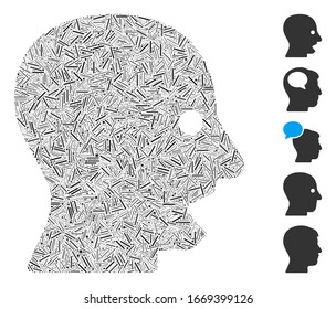 Hatch Mosaic based on shouting head icon. Mosaic vector shouting head is composed with random hatch items. Bonus icons are added.