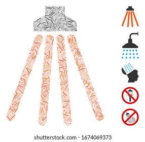 Hatch Mosaic based on shower icon. Mosaic vector shower is composed with random hatch elements. Bonus icons are added.