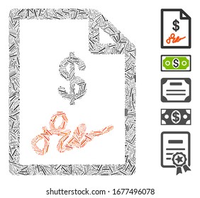 Hatch Mosaic based on signed invoice icon. Mosaic vector signed invoice is composed with randomized hatch dots. Bonus icons are added.
