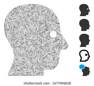 Hatch Mosaic based on silent head icon. Mosaic vector silent head is formed with random hatch spots. Bonus icons are added.