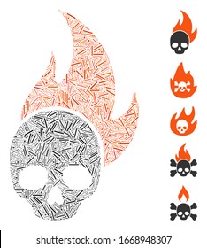 Hatch Mosaic based on skull fire icon. Mosaic vector skull fire is designed with random dash dots. Bonus icons are added.