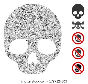 Hatch Mosaic based on skull icon. Mosaic vector skull is formed with randomized hatch elements. Bonus icons are added.