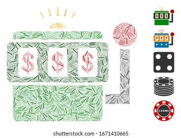 Hatch Mosaic based on slot machine icon. Mosaic vector slot machine is created with scattered hatch items. Bonus icons are added.