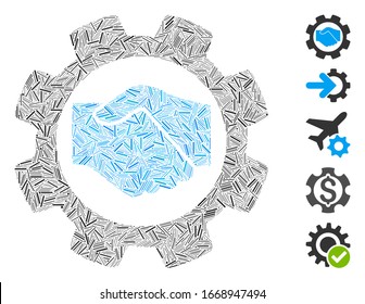 Mosaico de escotilla basado en el icono del equipo de configuración del contrato inteligente. El equipo de montaje del contrato inteligente vectorial mosaico está formado por elementos de rayas dispersas. Se agregan iconos de bonificación.