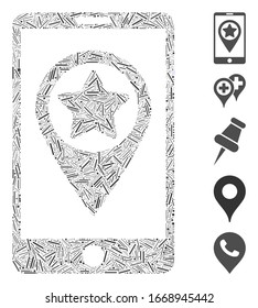 Mosaico Hatch basado en el icono del puntero del mapa de smartphone. El puntero de mapa de smartphones vector mosaico está compuesto por puntos de rayas aleatorizados. Se agregan iconos de bonificación.