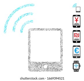 Hatch Mosaic based on smartphone wi-fi signal icon. Mosaic vector smartphone wi-fi signal is created with random line dots. Bonus icons are added.