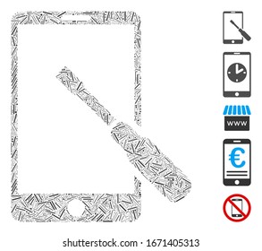 Mosaico Hatch basado en el icono del destornillador de ajuste de smartphone. El destornillador de ajuste de smartphones vector mosaico se crea con puntos de rayado aleatorios. Se agregan iconos de bonificación.