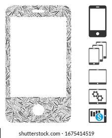 Mosaico Hatch basado en un icono del smartphone. El smartphone vector mosaico está diseñado con puntos de escotilla dispersos. Se agregan iconos de bonificación.