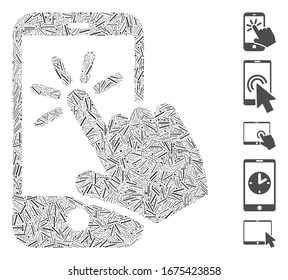 Mosaico Hatch basado en el icono de clic de smartphone. El clic de smartphone vector mosaico está diseñado con puntos de rayado aleatorizados. Se agregan iconos de bonificación.