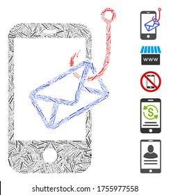 Mosaico Hatch basado en el icono de phishing de correo de smartphone. El phishing del correo electrónico para smartphones con vector mosaico está compuesto por puntos de escotilla aleatorizados. Se agregan iconos de bonificación.