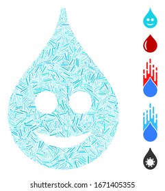 Mosaico de escote basado en el icono de gota de sonrisa. La caída de sonrisa de vector mosaico se crea con puntos de escotilla dispersos. Se agregan iconos de bonificación.