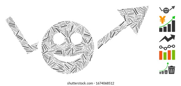 Hatch Mosaic based on smile growing trend icon. Mosaic vector smile growing trend is composed with randomized hatch spots. Bonus icons are added.
