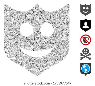 Mosaico de escotilla basado en el icono del escudo de sonrisa. El escudo de sonrisa vector mosaico se crea con manchas de escotilla dispersas. Se agregan iconos de bonificación.