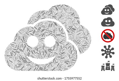 Hatch Mosaic based on smile clouds icon. Mosaic vector smile clouds is created with random hatch dots. Bonus icons are added.