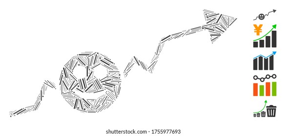 Hatch Mosaic based on smile growing trend icon. Mosaic vector smile growing trend is formed with random hatch elements. Bonus icons are added.