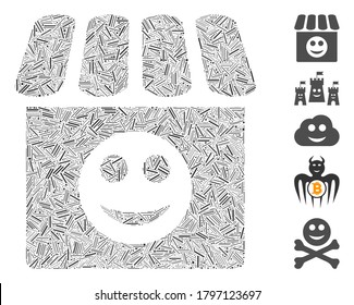 Hatch Mosaic based on smile shop icon. Mosaic vector smile shop is created with random hatch items. Bonus icons are added.
