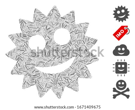 Hatch Mosaic based on smile token icon. Mosaic vector smile token is designed with scattered hatch items. Bonus icons are added.