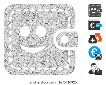 Hatch Mosaic based on smiled wallet icon. Mosaic vector smiled wallet is formed with random line items. Bonus icons are added.