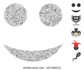 Hatch Mosaic based on smiley icon. Mosaic vector smiley is formed with random hatch items. Bonus icons are added.