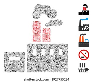 Hatch Mosaic based on smoking factory icon. Mosaic vector smoking factory is formed with randomized hatch elements. Bonus icons are added.