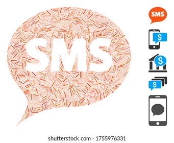 Mosaico de escotilla basado en el icono de SMS. El SMS vector mosaico se forma con elementos de trampas dispersas. Se agregan iconos de bonificación.