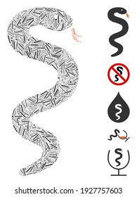 Hatch Mosaic based on snake icon. Mosaic vector snake is designed with scattered hatch spots. Bonus icons are added.