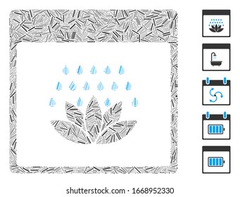 Hatch Mosaic based on spa shower calendar page icon. Mosaic vector spa shower calendar page is composed with scattered hatch elements. Bonus icons are added.