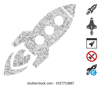 Hatch Mosaic based on space rocket icon. Mosaic vector space rocket is created with random hatch elements. Bonus icons are added.