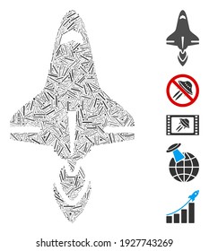 Hatch Mosaic basiert auf dem Symbol "Space Shuttle". Mosaikvektorraum-Shuttle wird mit verstreuten Dash-Elementen erstellt. Bonussymbole werden hinzugefügt.