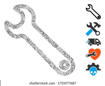 Hatch Mosaic based on spanner icon. Mosaic vector spanner is formed with scattered hatch dots. Bonus icons are added.