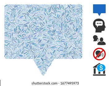Mosaico del escote basado en el icono del habla. El discurso de vector mosaico se crea con elementos de rayado dispersos. Se agregan iconos de bonificación.