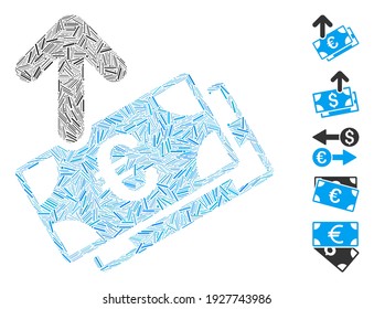 Hatch Mosaic based on spend Euro banknotes icon. Mosaic vector spend Euro banknotes is composed with randomized hatch items. Bonus icons are added.