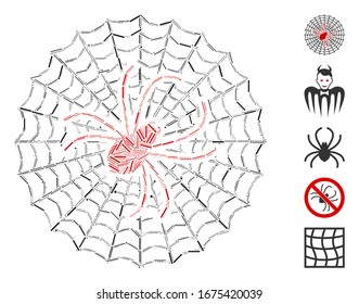 Hatch Mosaic based on spider net icon. Mosaic vector spider net is formed with randomized line spots. Bonus icons are added.
