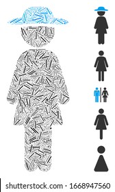 Hatch Mosaic based on standing lady icon. Mosaic vector standing lady is created with scattered hatch elements. Bonus icons are added.