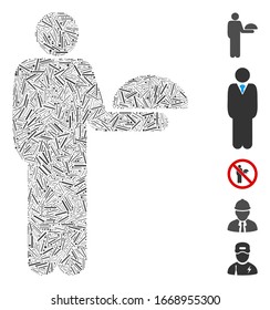 Hatch Mosaic based on standing waiter icon. Mosaic vector standing waiter is composed with randomized hatch elements. Bonus icons are added.