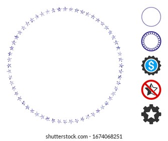Mosaico del escote basado en el icono del círculo de estrellas. El círculo de estrellas del vector mosaico está diseñado con puntos de rayas dispersas. Se agregan iconos de bonificación.