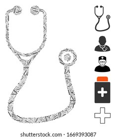 Hatch Mosaic based on stethoscope icon. Mosaic vector stethoscope is formed with randomized line elements. Bonus icons are added.