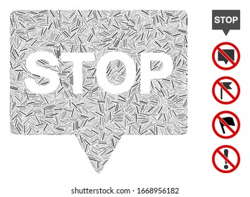 Hatch Mosaic based on stop banner icon. Mosaic vector stop banner is formed with scattered hatch items. Bonus icons are added.