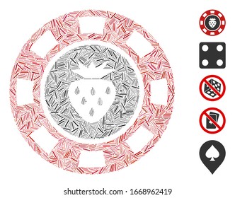 Hatch Mosaic based on strawberry casino chip icon. Mosaic vector strawberry casino chip is designed with randomized hatch items. Bonus icons are added.